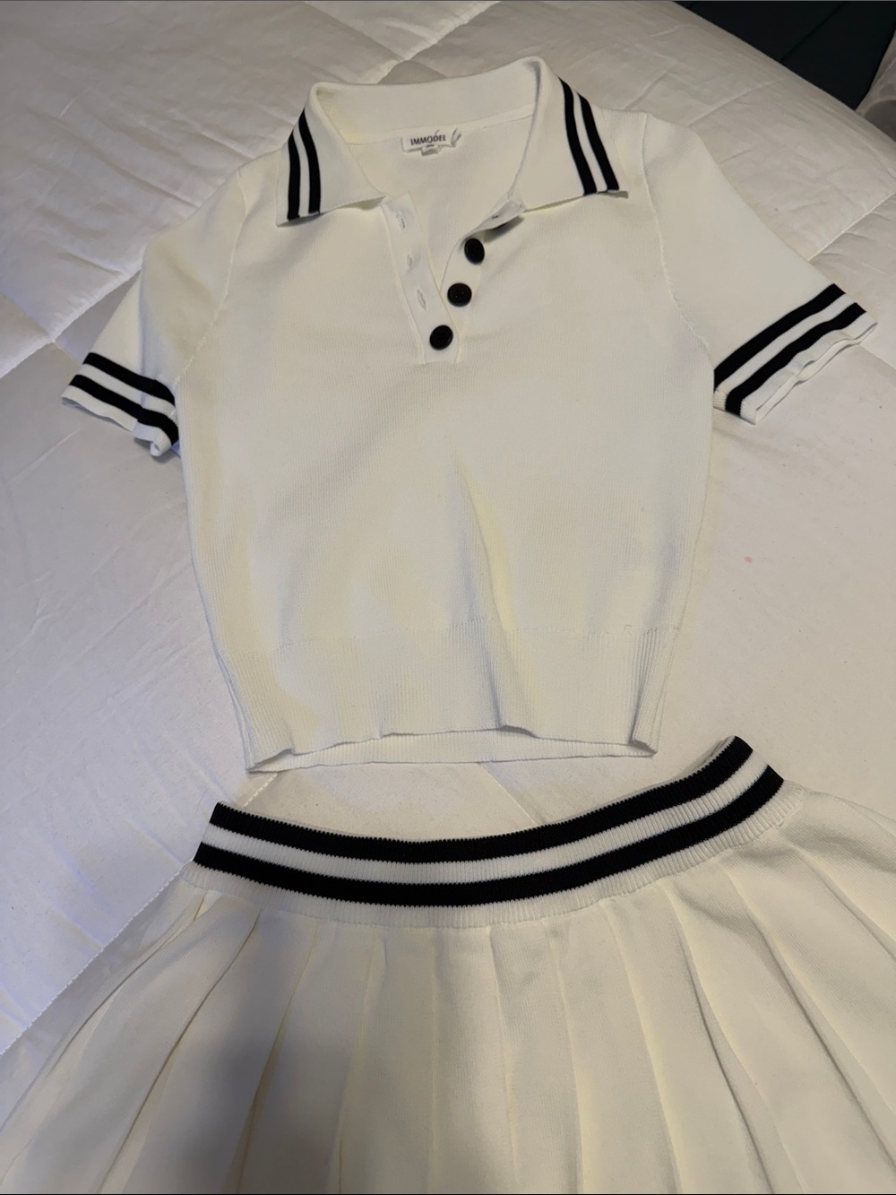 Trendy White Knit Polo Top & Pleated Mini Skirt Set with Black Stripes - Picture 4 of 11